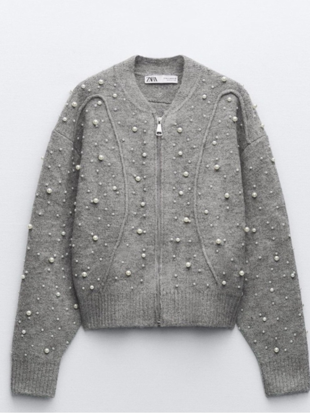 Zara Embellished Pearl Zip Front Cardigan Sweater Size Large